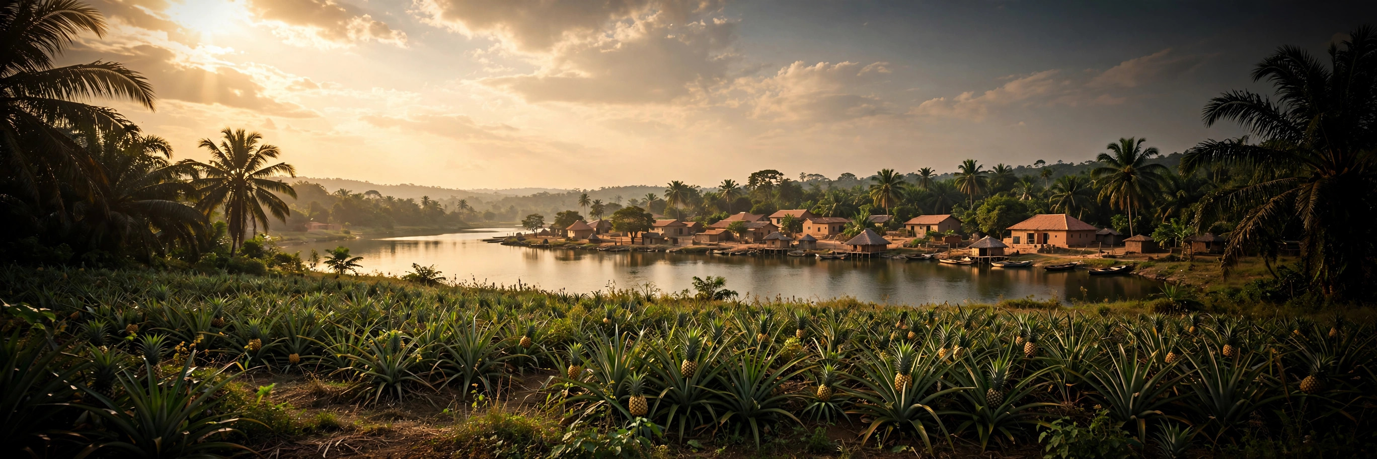Champs d'ananas et lagune de Bonoua au soleil couchant